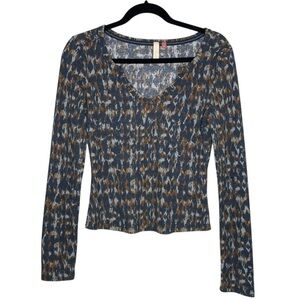 Anthropologie Pilcro Notched Waffle Knit Thermal Long Sleeve Blue Motif
